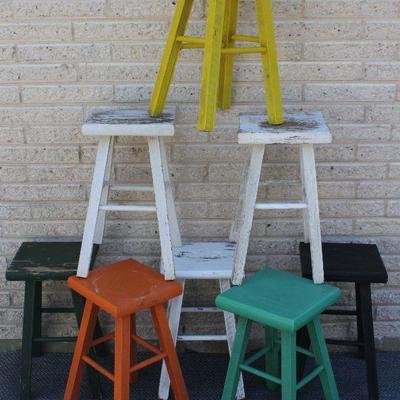 Stools!  We have them!  8 Stools painted in different colors.