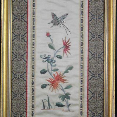 Vintage Oriental Silk Embroidered Panel in a Gold Leaf Frame (11â€ x 19â€)