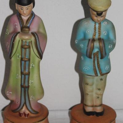 Vintage Bisque Hand Painted Porcelain Oriental Couple Japan Figurines 7.5â€H