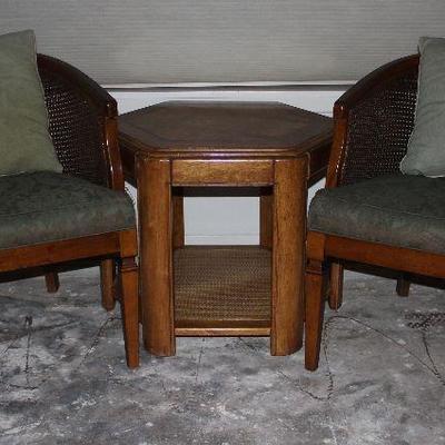 Pair Broyhill Vintage Cane Back Barrel Chairs shown with an Oak Hexagon Table