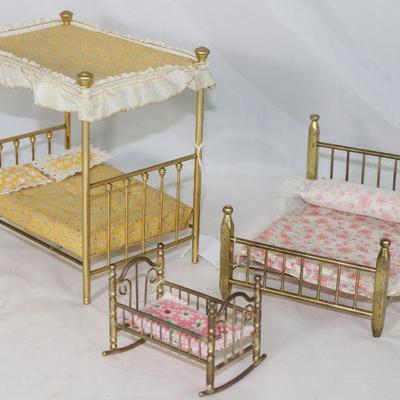 Brass Dollhouse Furniture:  Canopy Bed, Poster Bed and Cradle 