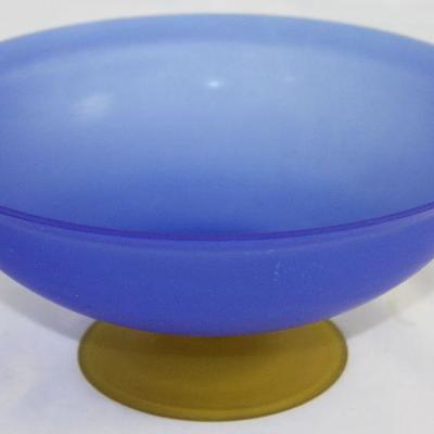 Blue Satin Glass Bowl on Chartreuse Pedestal Base.  (8.5â€D x 3.75â€H)