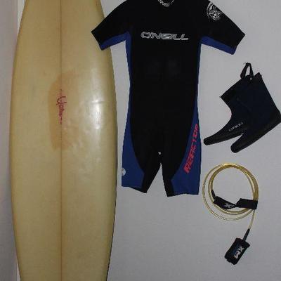 Yater 3 Fin Vintage Surfboard Shown with Oâ€™Neill Short Sleeve Spring Wetsuit, Oâ€™Neill Wet-boots and XM Longboard Tangle Free...