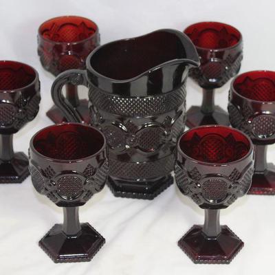 Avon â€œCape Codâ€ Ruby Red 46 oz Beverage Pitcher and 6â€ Water Goblets (6)  (1975-1992)   