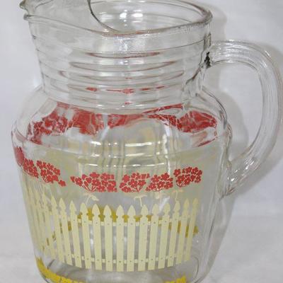 Depression Era Ice Lip Pitcher (white picket fence red/yellow floral)