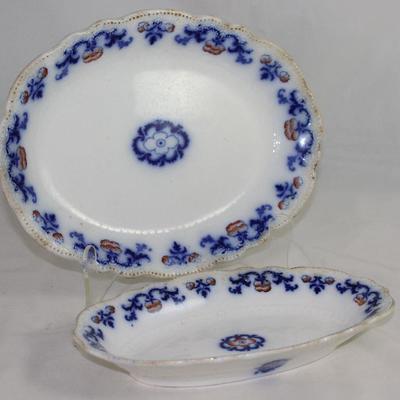 W.H. Grindley  â€œCountessâ€.  England Flow Blue small Platter and Relish Dish