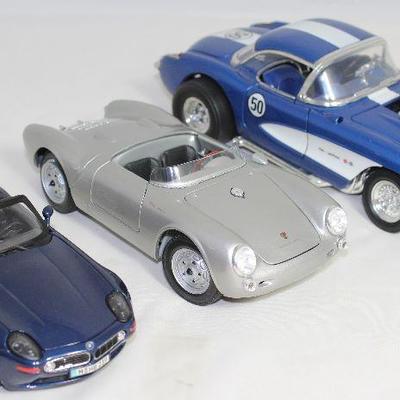Maisto  BMW Z8 1/24 Scale Model Car;  Maisto Silver Porsche 550A Spyder 1/18 Scale Model;  Maisto Blue 1957 Corvette Gasser Model Car