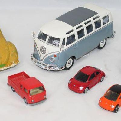 VW Volkswagen Vintage Car Collection:   Hubley  Vintage Yellow Painted VW Beetle, Maisto VW Van â€œSambaâ€ 1/24 Scale Model,  Maisto VW...