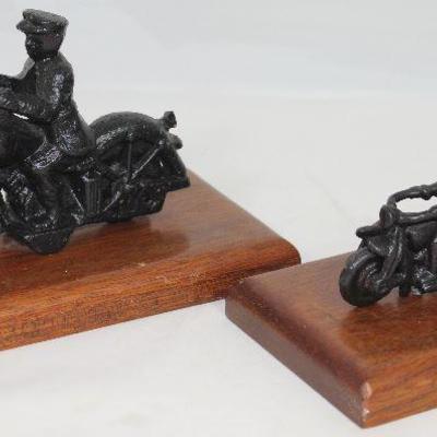 Cast Iron Antique Police Motorcyclist and Cast Iron Crash Car Mounted on Wooden Base