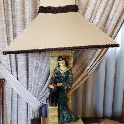 CONTINENTAL ART ASIAN LAMPS WITH SHADES   BUY PAIR NOW $ 185.00