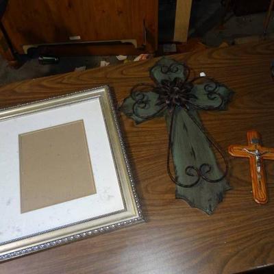 Two Decorative crosses and picture Frame