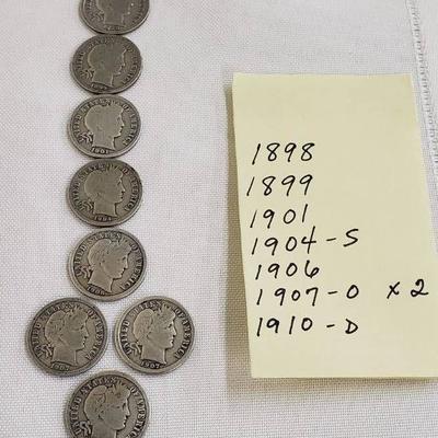 Lot of 8 Barber Dimes (1898, 1899, 1901, 1904 S, 1 ...