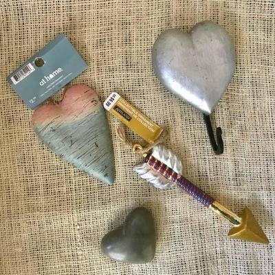 Assortment of Heart ornaments and a heart stone