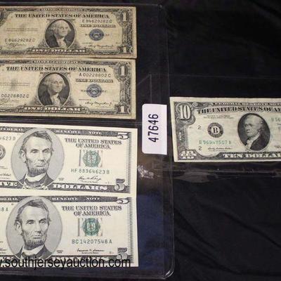  Sheet of (2) $1.00 Silver Certificates and (2) Uncirculated $5.00 Bills and a 1969 $10.00 Bill

Auction Estimate $20-$50 per sheet â€“...