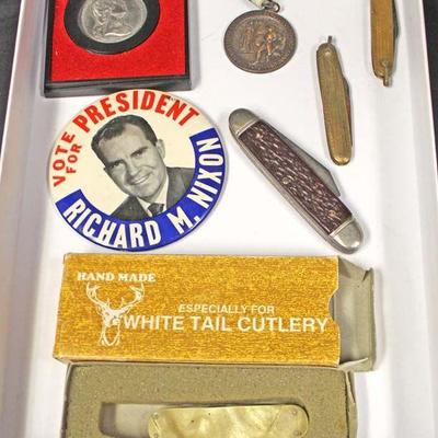  Tray Lot of Pen Knives, Nixon for President Button, Hand Made White Tail Cutlery Knife, George Washington Commemorative Coin, and New...