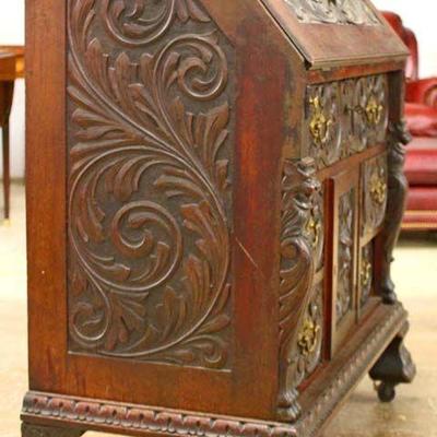  â€” AWESOME â€”

ANTIQUE SOLID Mahogany Highly Carved Slant Front Desk with Galley and Carved Griffins and Paw Feet in Original Finish...
