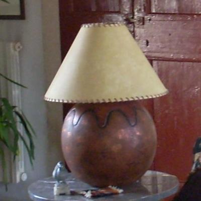 Mexican Ball Lamp with Copper Detail & Parchment Shade with Leather Whipstitch