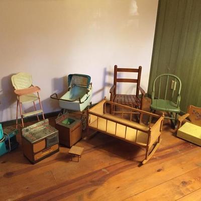Antique  cradles, rockers, doll furniture, booster seat