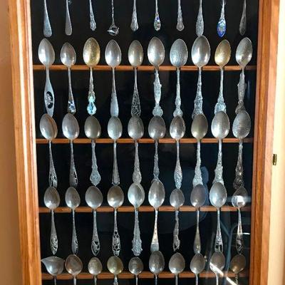 100's of Sterling and Silver plate Tea Spoon Souvenir Spoons and Display Case Cabinet with Glass Door.