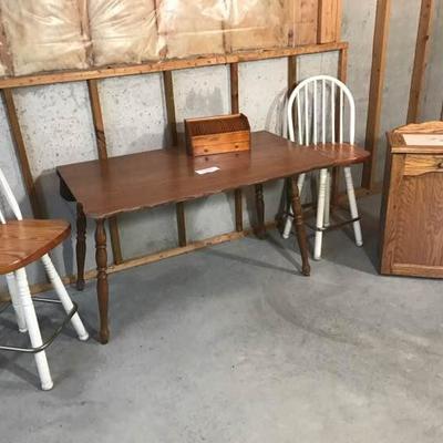 48 Inch Drop Leaf Table, Two Stools, and Small Storage Cabinet