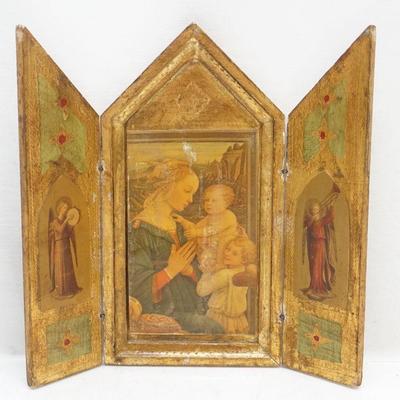 Gorgeous Antique Italian Florentine 24k Gold Gilt Triptych Icon Madonna & Child, with Angels on side panels, Estate of Dr. Fraser Wilson...