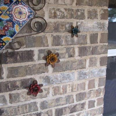 Mexican pottery wall art w/ metal designed roses & crosses