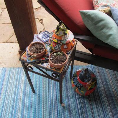 Metal wrought-iron table (part of a pair) w/ Mexican tile top. Plus, other fun misc decor.