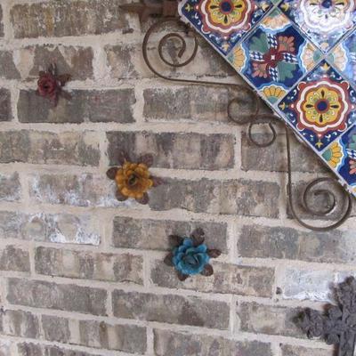 Mexican pottery wall art w/ metal designed roses & crosses