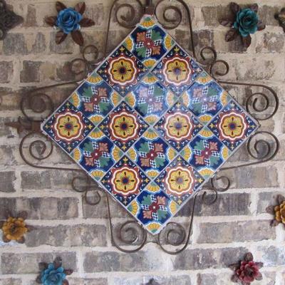 Mexican pottery wall art w/ metal designed roses & crosses