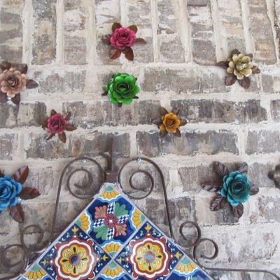 Mexican pottery wall art w/ metal designed roses & crosses