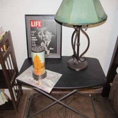 Framed LIFE magazine 1966, Cylinder Lamp w/ addtl. inserts, Wrought-iron designer table lamp w/ custom blue leather shade.