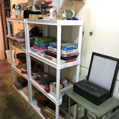 Vintage typewriter table, toys, games, candles, lamps, and misc.