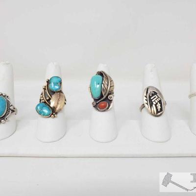 5 Sterling Silver Turquoise and Coral Rings, 39.5g
Weighs approx 39.5g size approx from 6 to 10.5
Metal Type: Sterling Silver