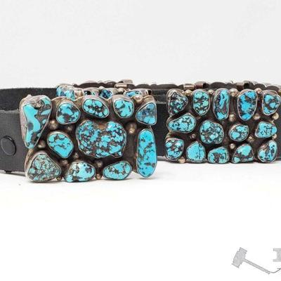 SPECTACULAR VNTG Dead / Old Pawn Handmade Turquoise & Silver CONCHO BELT Navajo
 Massive Navajo  Natural Kingman Turquoise concho belt in...