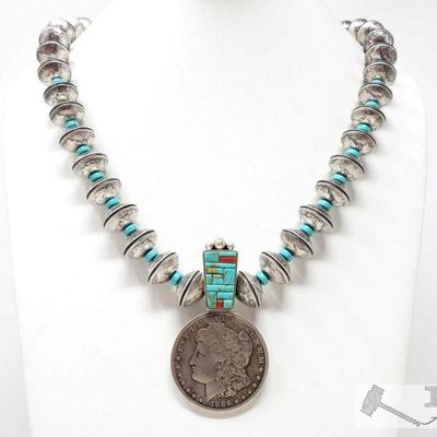 Sterling Silver Vintage Mercury Dime Beads Morgan Dollar Large Necklace, 213.8g
Sterling Silver | Genuine Turquoise & Coral | Vintage...