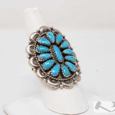 Beautiful Chunky Old Pawn Native American Sterling Silver Turquoise Ring, size 7.5
This beauty is marked sterling and is approximately a...