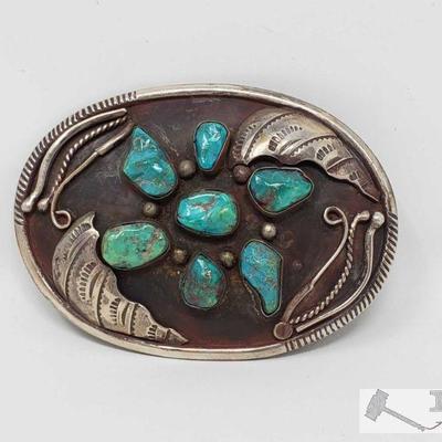 Native American Sterling Silver Turquoise Belt Buckle, 88.5
This beautiful Native American Sterling silver Turquoise  Belt buckle weighs...
