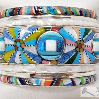 Inlay Turquoise, Mother of Pearl Sterling Silver Handmade Native American Cuffed Bracelet, 99.2
This beautiful cuffed Bracelet is marked...