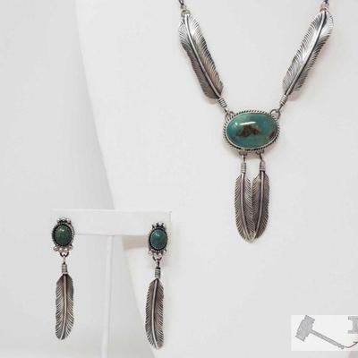 Native American Artist Marked Sterling Silver Feather and Turquoise Stone Necklace Set, 53.4g
Native American Artist Marked Sterling...