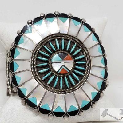 Hand Signed old Pawn Native American Inlay Sterling Silver Cuff Bracelet, Turquoise and Mother of Pearl
RARE This beautiful old pawn...