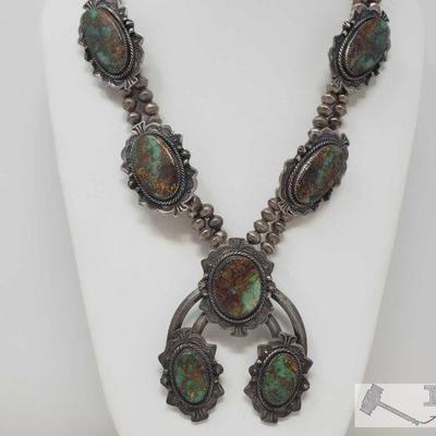 RARE Old Pawn Sterling Silver with Green Turquoise Stones Squash Blossom, era 1960s
Weighs approx 190g measures approx 25