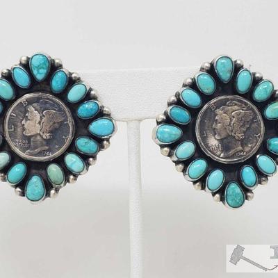 Artist Marked Amazing Pair of Sterling Silver and Turquoise Earrings with Authentic Mercury Dimes
These Beautiful Handmade Native...