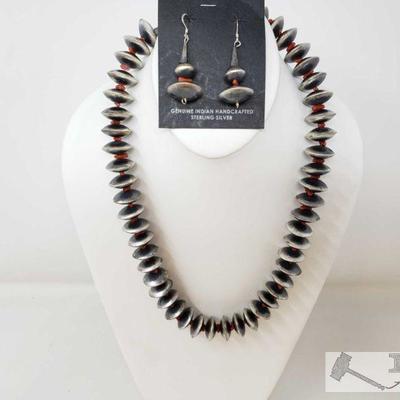 Handmade Native American Sterling Silver Necklace set w/ Blood Red Coral Stones
Necklace measures approx 22.5in and weighs approx 142.3g...