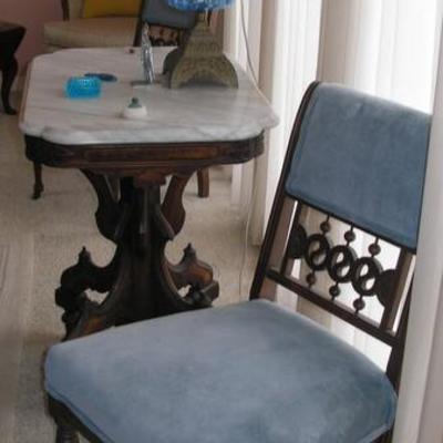 Renaissance Revival Marble top parlor Table with a Pair of Edwardian Side chairs