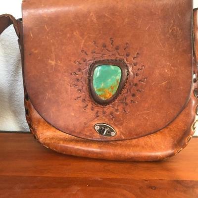 Hand crafted leather bag with stone enlay