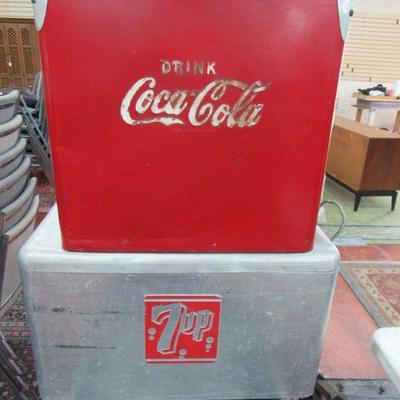 Vintage Coke and 7-Up coolers