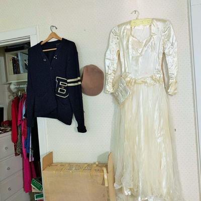 Vintage Lettermans Sweater and Vintage Wedding Dress