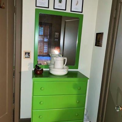 Very MCM Lime Green 3 Drawer Dresser with matching mirror...fun as is or DIY project