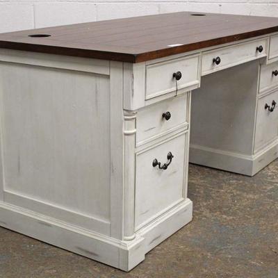 NEW Contemporary 7 Drawer White Flat Top Desk with Natural Finish Top 
