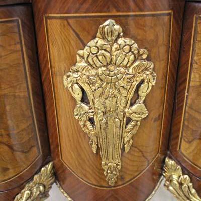  French Style Marble Top Banded and Inlaid Server with Velvet Material Lined Drawers and Applied Bronze 